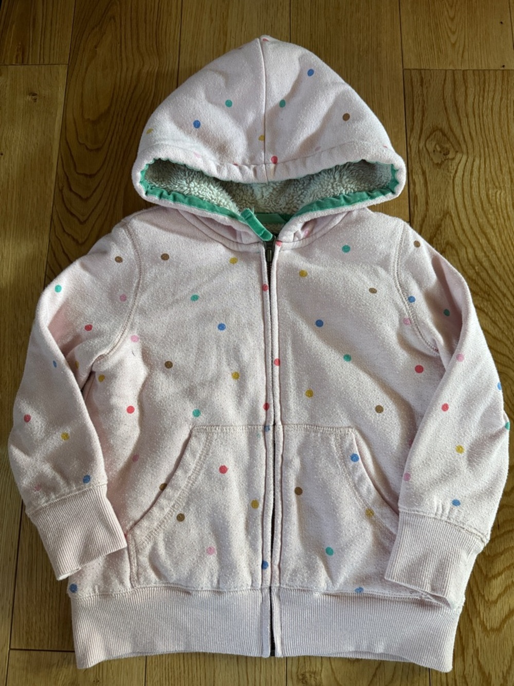 Mini Boden Pink Polka Dot Sherpa Lined Hooded Zip Sweatshirt Sz 4/5Y